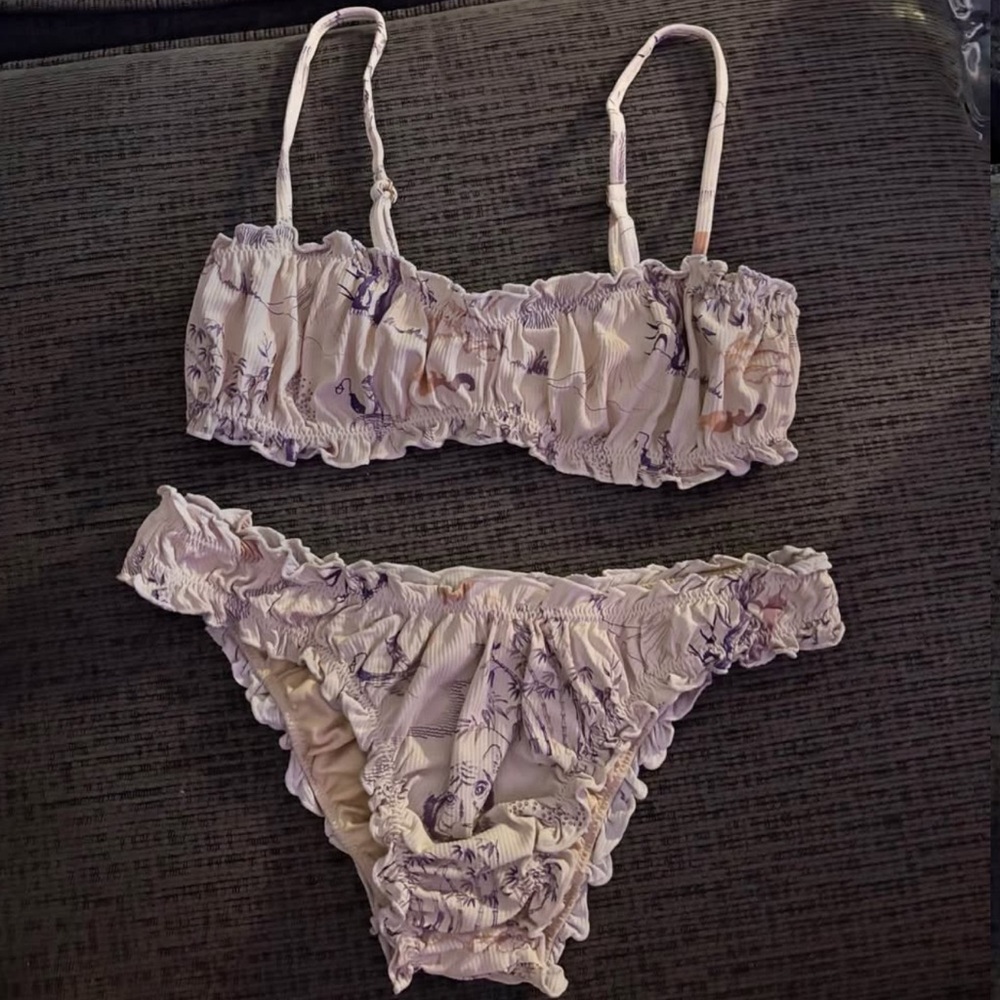 Ruffled Floral Bikini Set - Cream and Purple